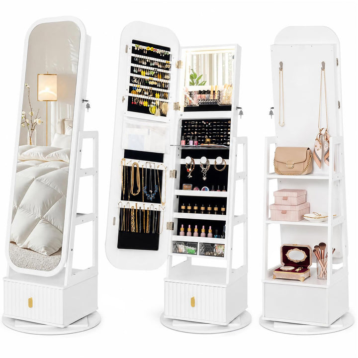 CHARMAID 360° Swivel Jewelry Cabinet with 3-Color LED Vanity Mirror