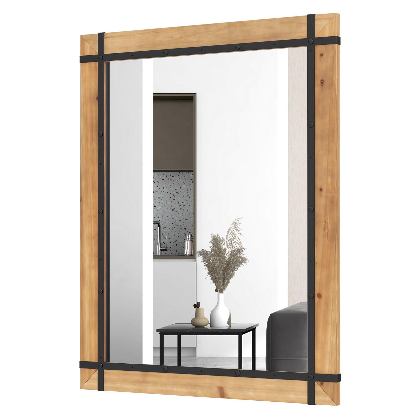 CHARMAID Wall Mirror, Farmhouse Vanity Mirror with Solid Wood Frame, Hanging Hooks