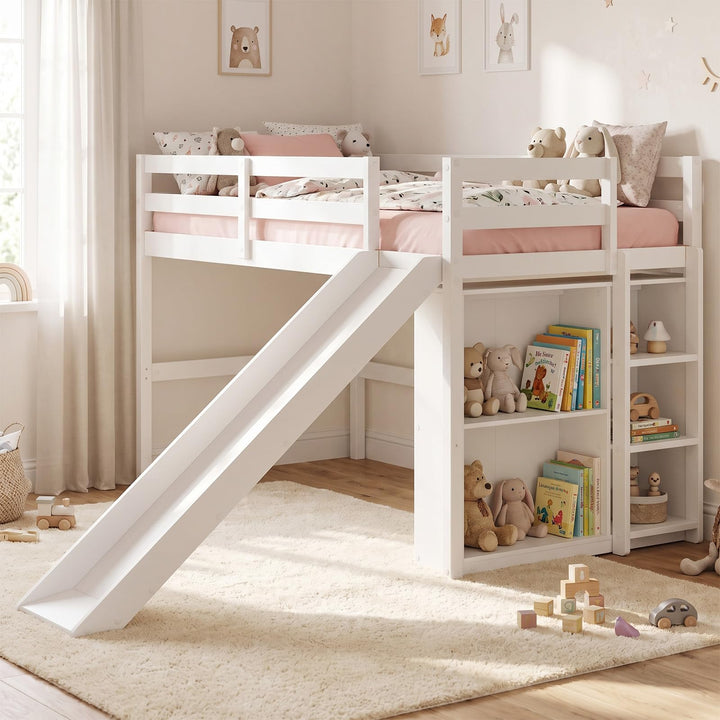 GIANTEX Twin Size Loft Bed with Slide &amp; Under Bed Play Space