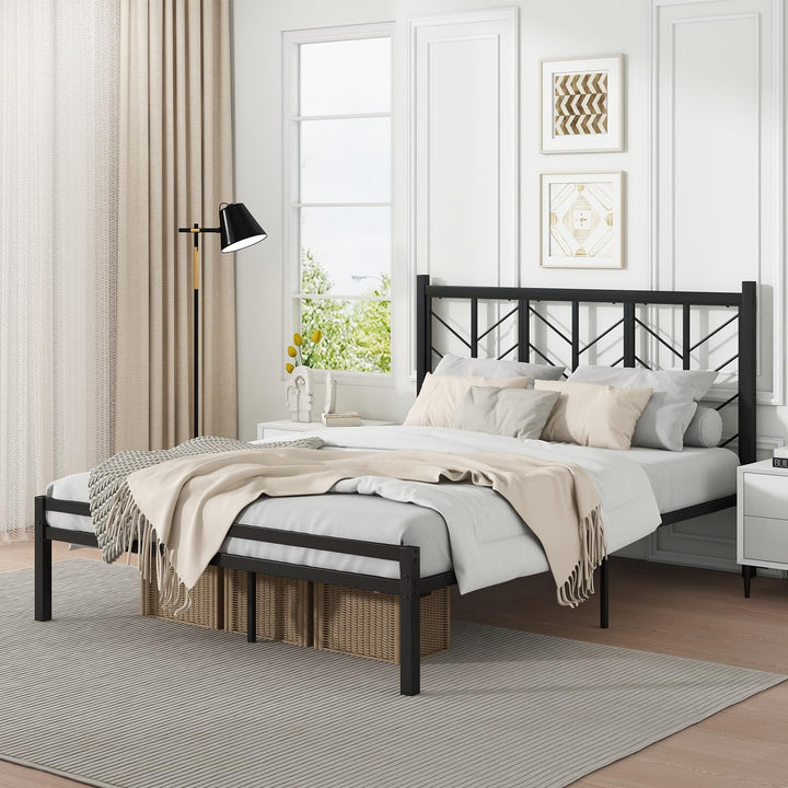 Giantex Bed Frames with Vintage Headboard, Metal Mattress Foundation for Storage
