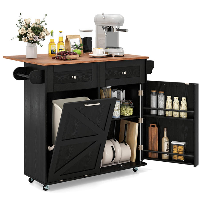 Giantex Kitchen Island Cart with Hidden Tilt Out Trash Can Cabinet, Drop Leaf, 2 Drawers, Towel Rack