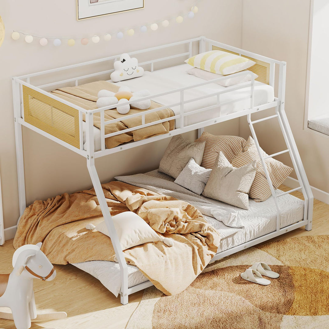 Giantex Twin Over Full Metal Bunk Bed, Boho Rattan Floor Bunkbeds