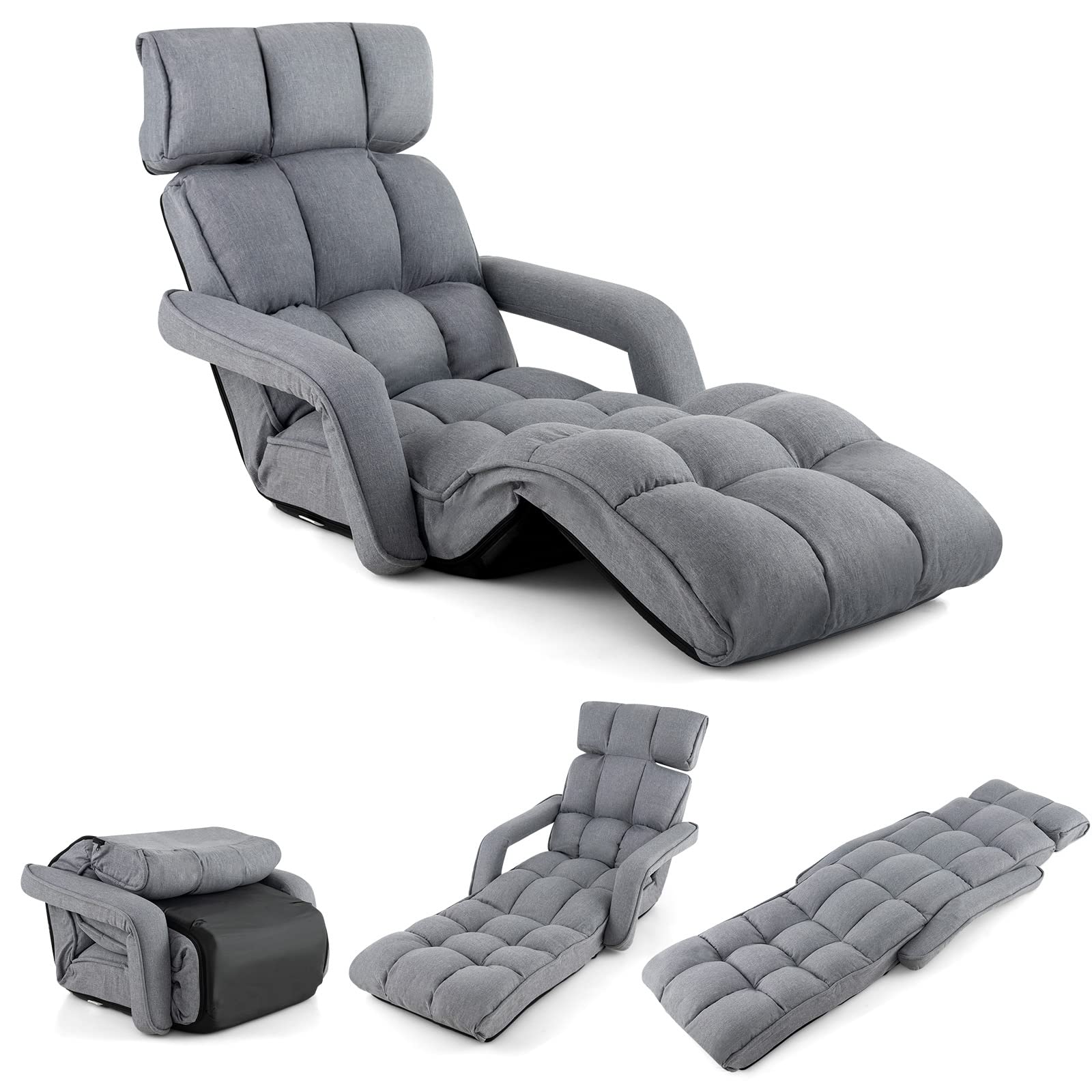 Giantex Foldable Lazy Sofa Bed, 6-Position Adjustable Floor Chair Chaise Lounge with Armrest and Footrest (Gray)
