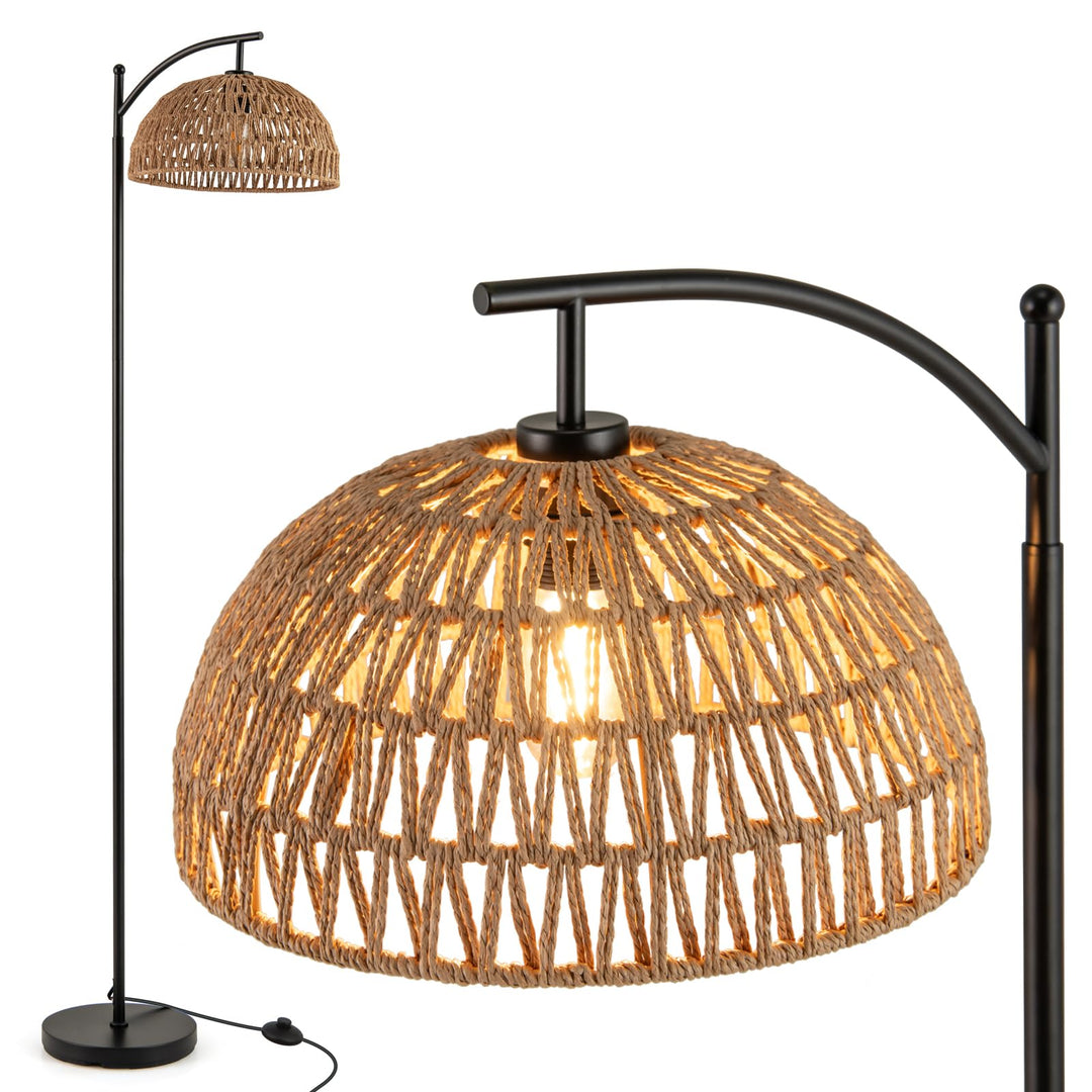Giantex Boho Floor Lamp with Handwoven Paper Rope Shade Arc Standing Lamp with E26 Socket & Foot Switch