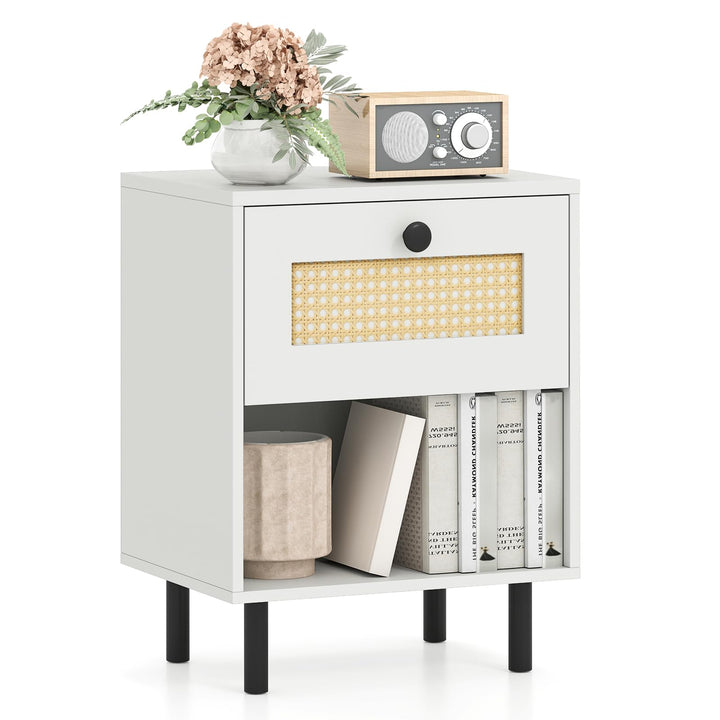 Giantex Rattan Nightstand Boho End Table with Rattan Drawer and Open Shelf