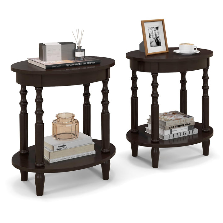 Giantex End Table with Storage Shelf Set of 2, 24.5" Oval Round Side Table with Solid Wood Legs