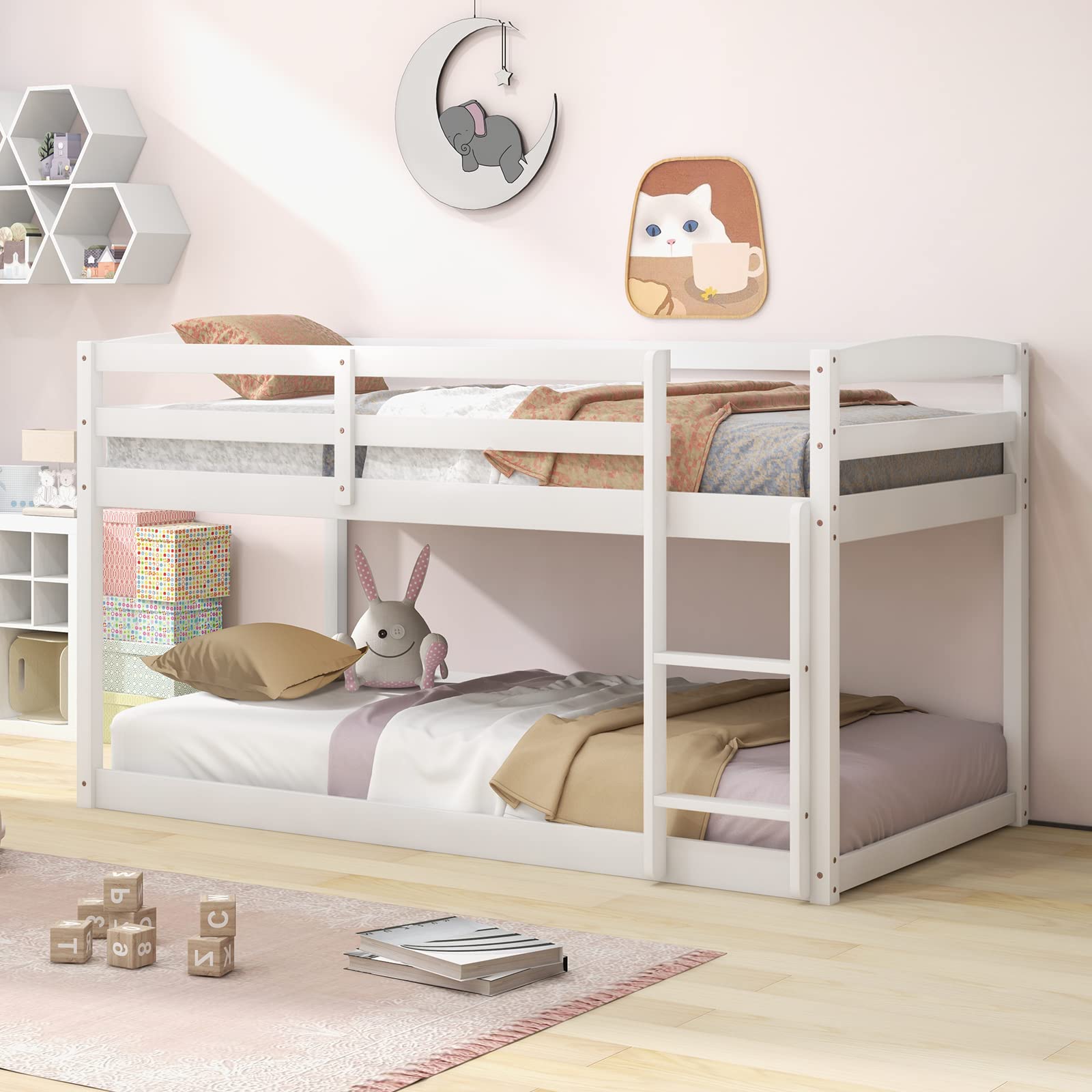 Giantex Twin Low Bunk Bed, Solid Wood Twin Over Twin Bunk Bed Frame with Full Guardrails & Integrated Ladder