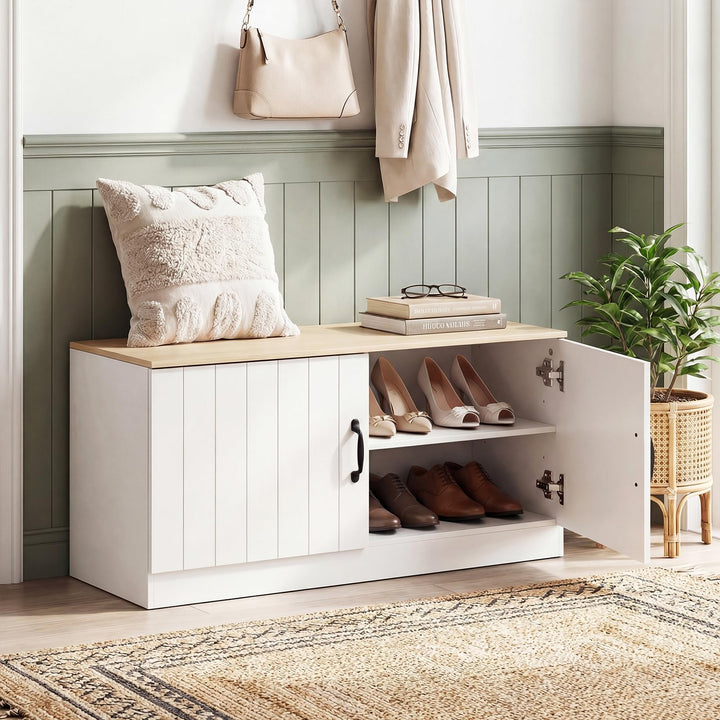 Giantex 2-Door Shoe Storage Bench Wooden Entryway Bench