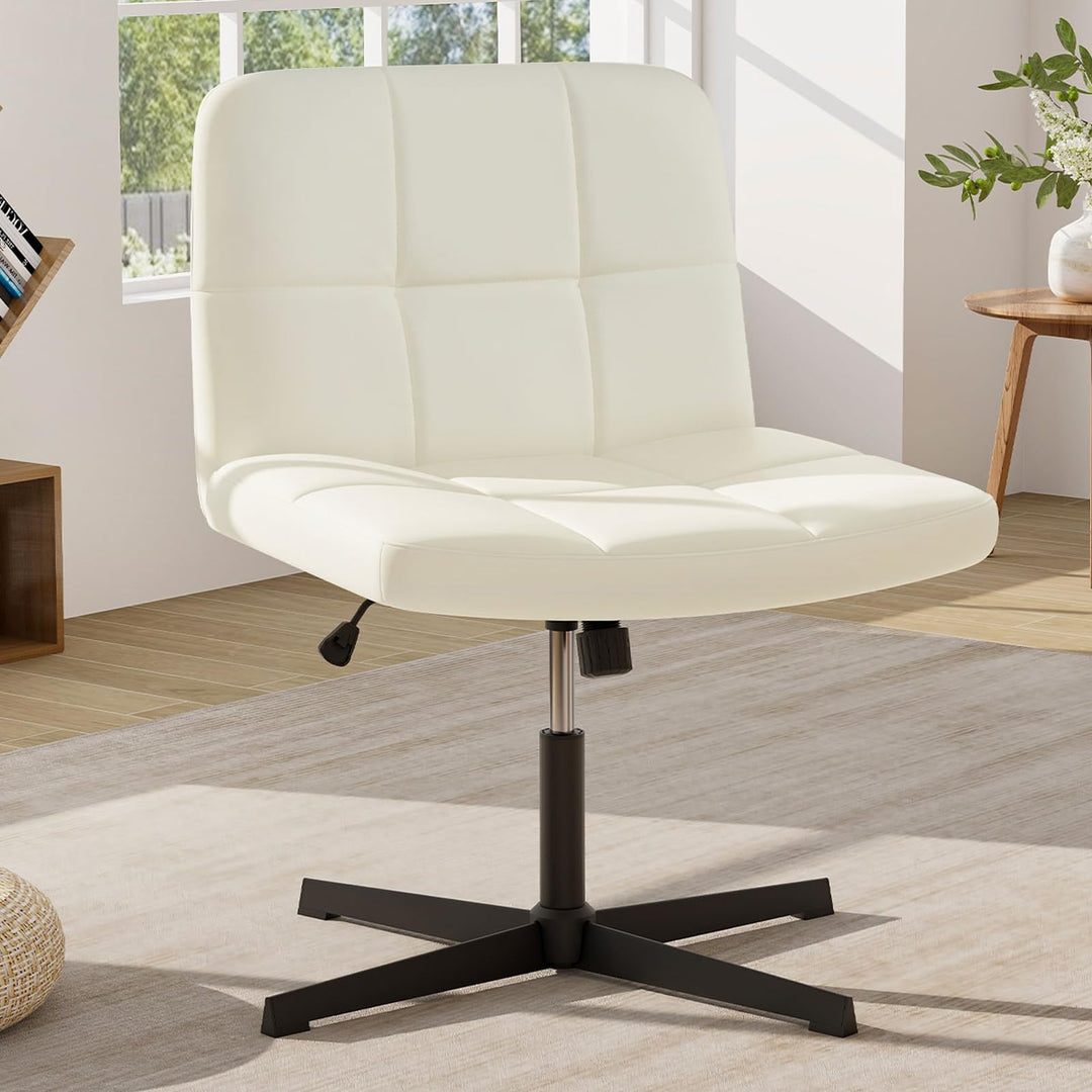 Giantex Criss Cross Chair, PU Leather Cross Legged Office Chair No Wheels, Height-adjustable Swivel Vanity Chair with U-shaped Seat
