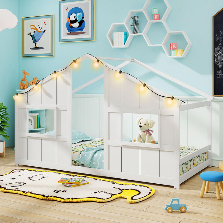 Giantex Twin Kids House Bed with Light Bulbs Wooden Montessori Floor Bed Frame with Roof & Windows