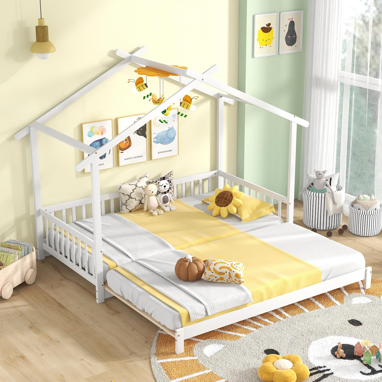 Giantex Extendable House Bed for Kids, Twin to King Daybed with Roof & Fence Rails, Wood Kids Bed Frame for Teens