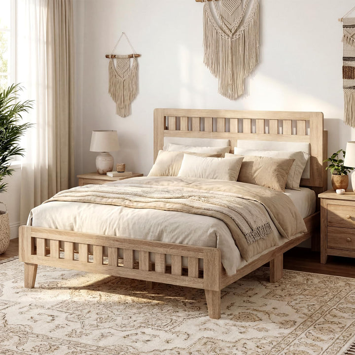 Giantex Mid-Century Wood Bed Frame with Upholstered Headboard (Full/Twin)