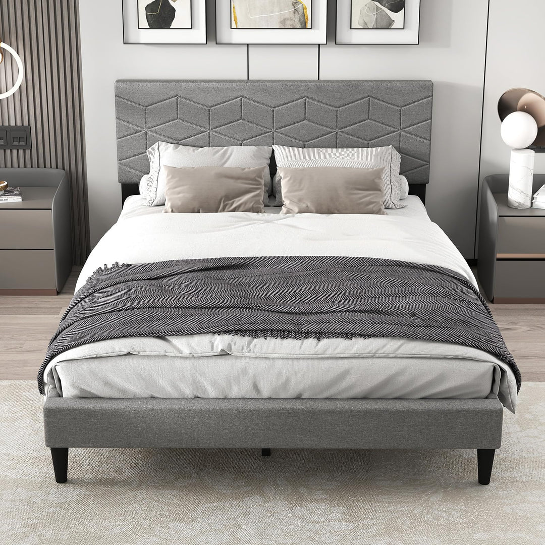 Giantex Upholstered Bed Frame Modern Platform Bed with Linen Fabric Geometric Headboard