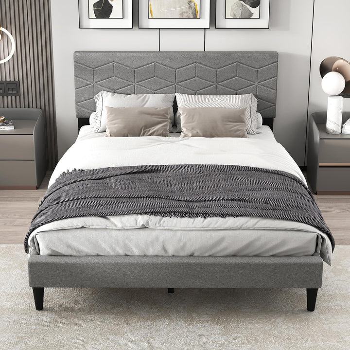 Giantex Upholstered Bed Frame Modern Platform Bed with Linen Fabric Geometric Headboard