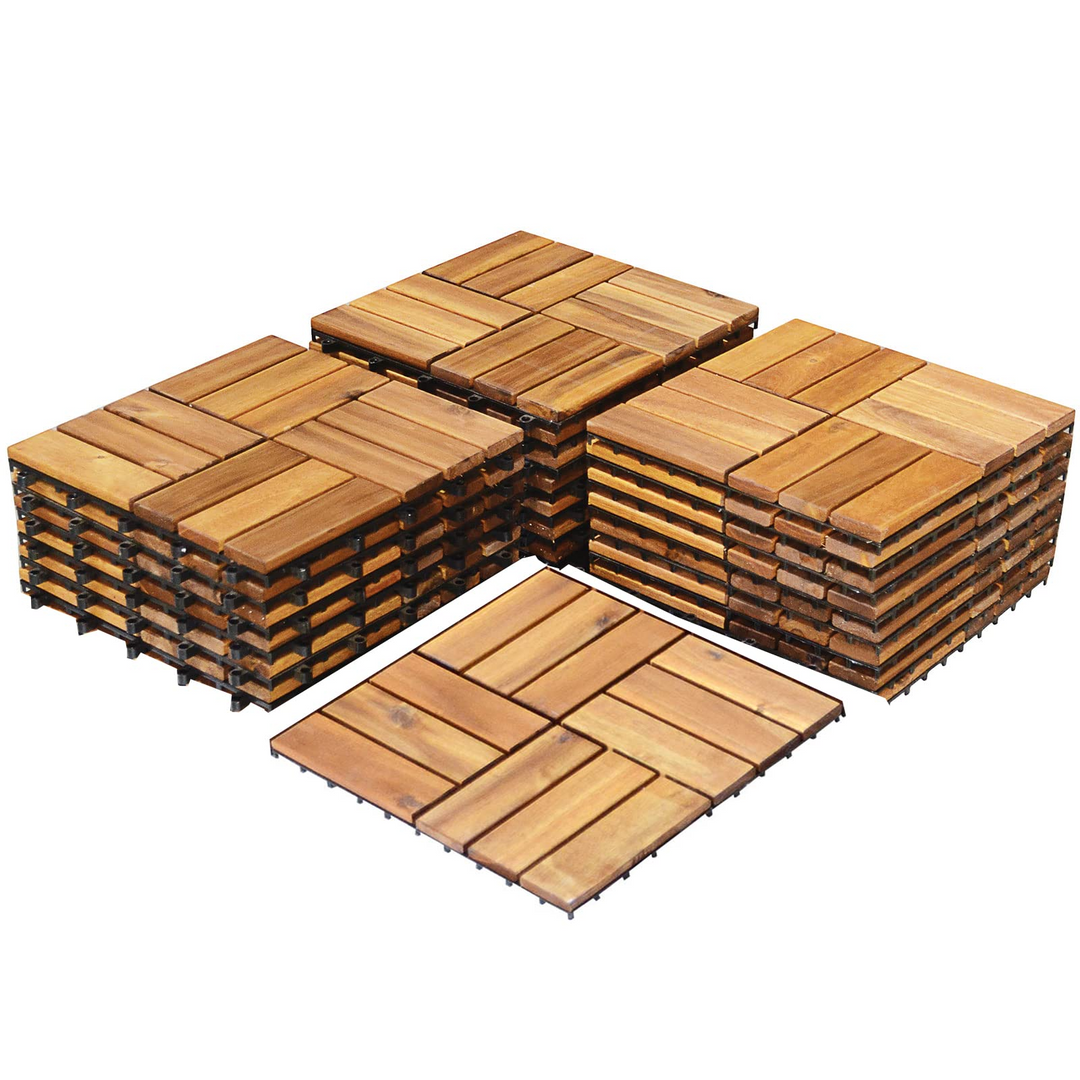 Giantex 27 PCS Interlocking Patio Deck Tiles, 12 x 12in Acacia Hardwood Floor Tiles, Tools Free Assembly