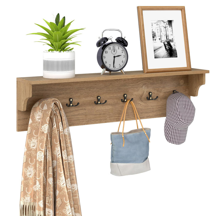 Giantex Wall-Mounted Storage Shelf | 31.5" Wooden Hanging Coat Rack with 6 Hooks