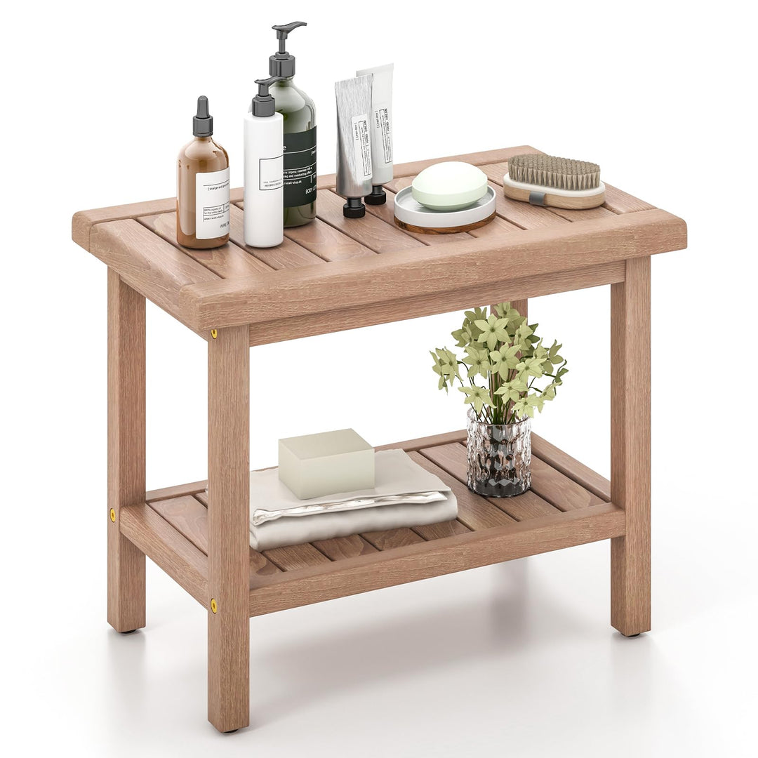 Giantex Teak Shower Bench, 21" Waterproof Spa Bath Seat with Storage Shelf and Non-Slip Foot Pads