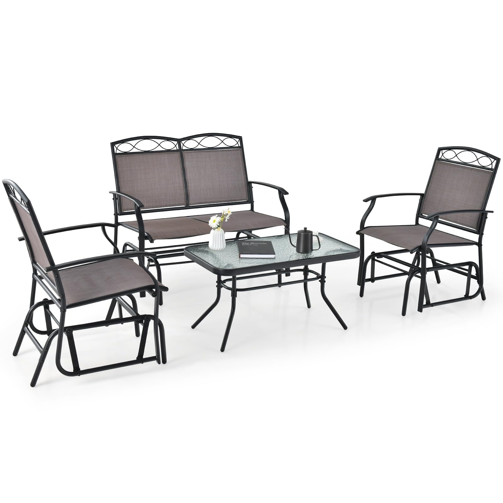 Giantex 4 or 2 PCS Outdoor Glider Chairs Set - Patio Furniture Set with Tempered Glass Table (4 PCS, Brown)