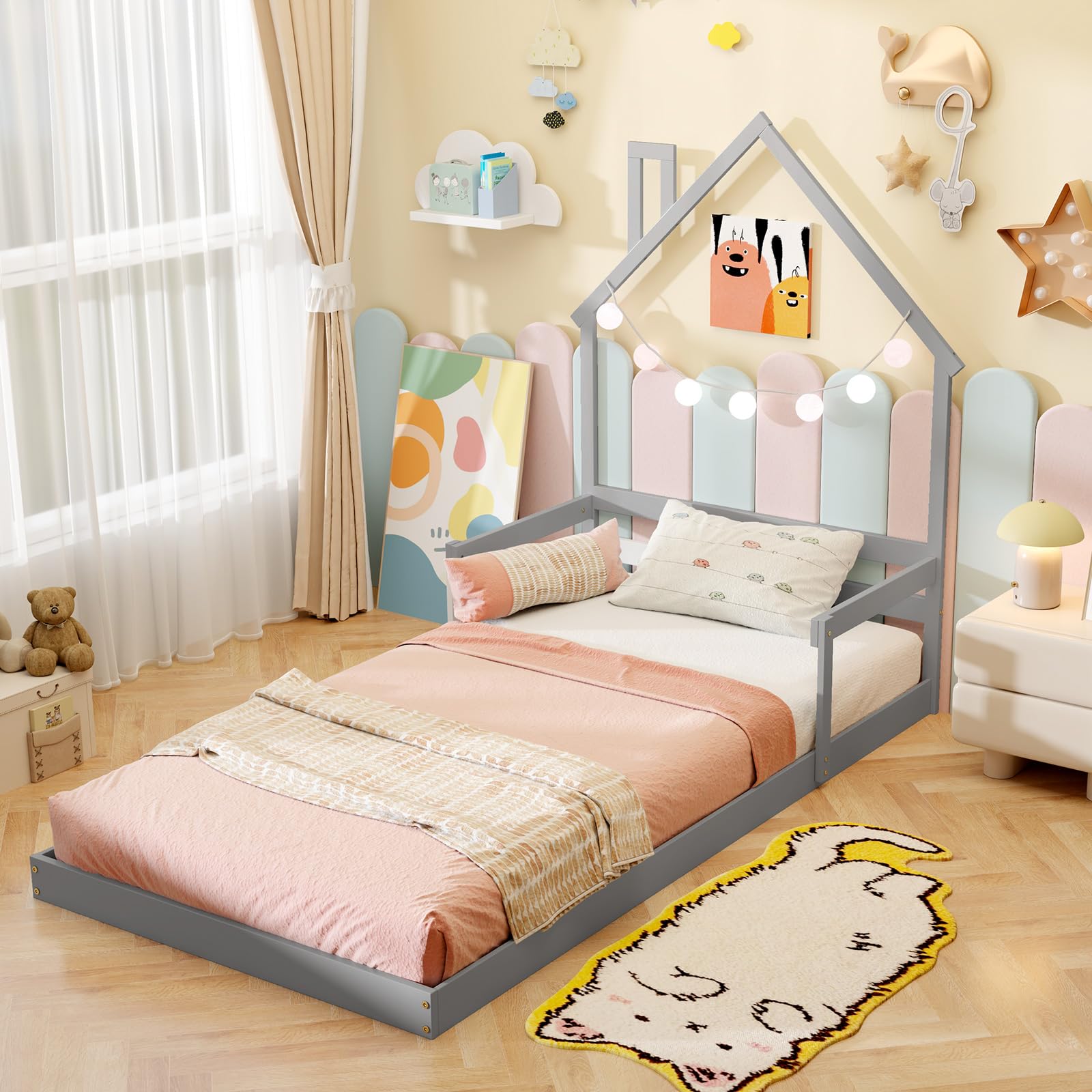 Giantex Twin Floor Bed for Kids, Wood Montessori Floor Bed with Chimney Headboard & Handrail