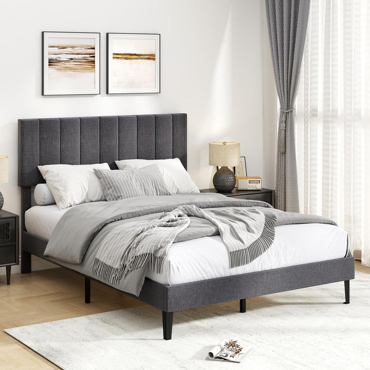 Giantex Upholstered Bed Frame Platform Bed with Height Adjustable Vertical Channel Headboard