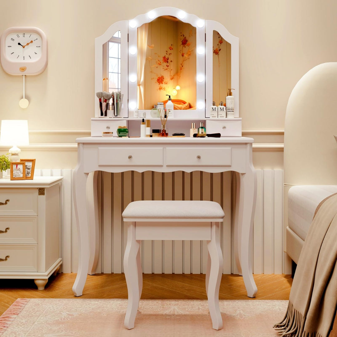 CHARMAID Vanity Desk with Lights - Makeup Vanity Table with Tri-Fold Mirror, 10 Adjustable Hollywood LED Lights, 4 Storage Drawers