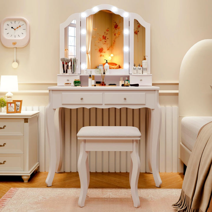CHARMAID Vanity Desk with Lights - Makeup Vanity Table with Tri-Fold Mirror, 10 Adjustable Hollywood LED Lights, 4 Storage Drawers