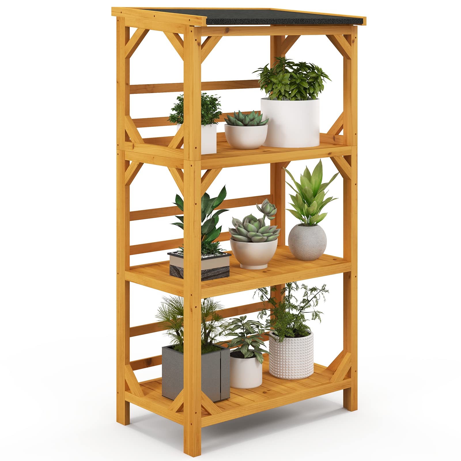 Giantex Plant Stand with Roof - 54'' Outdoor Storage Shelves, 3-Tier Wooden Plant Rack with Weatherproof Asphalt Roof