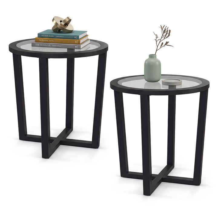 Giantex Glass Round End Table, Sofa Side Table with Transparent Tempered Glass Top