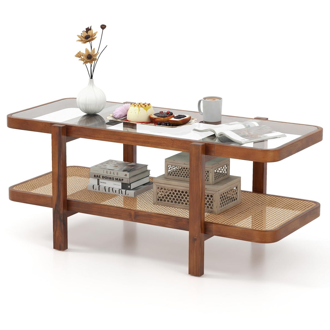 Giantex Rattan Coffee Table, 47.5" Rectangle Solid Wood Tea Table w/Tempered Glass Tabletop
