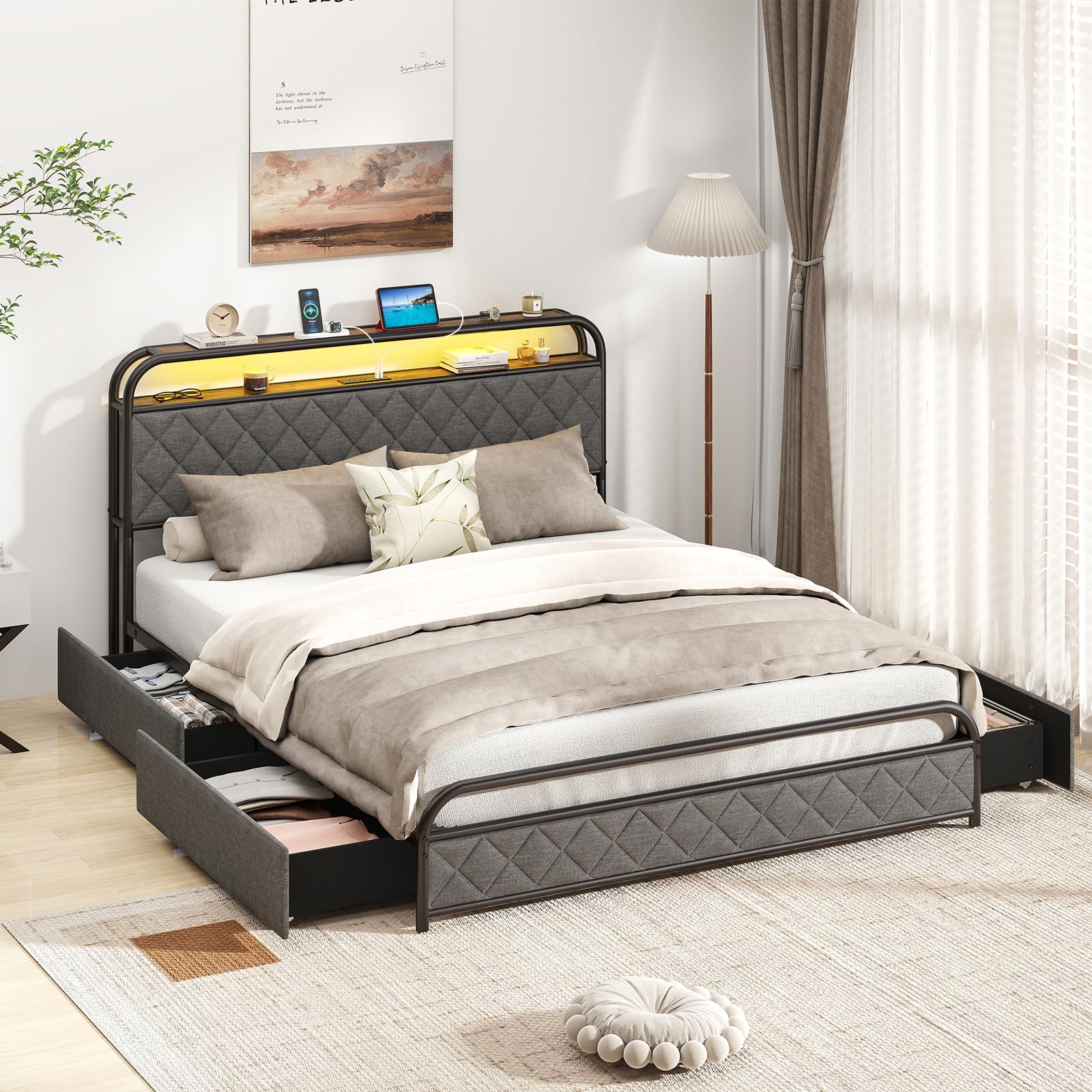 Giantex Bed Frame with 4 Storage Drawers and Charging Station