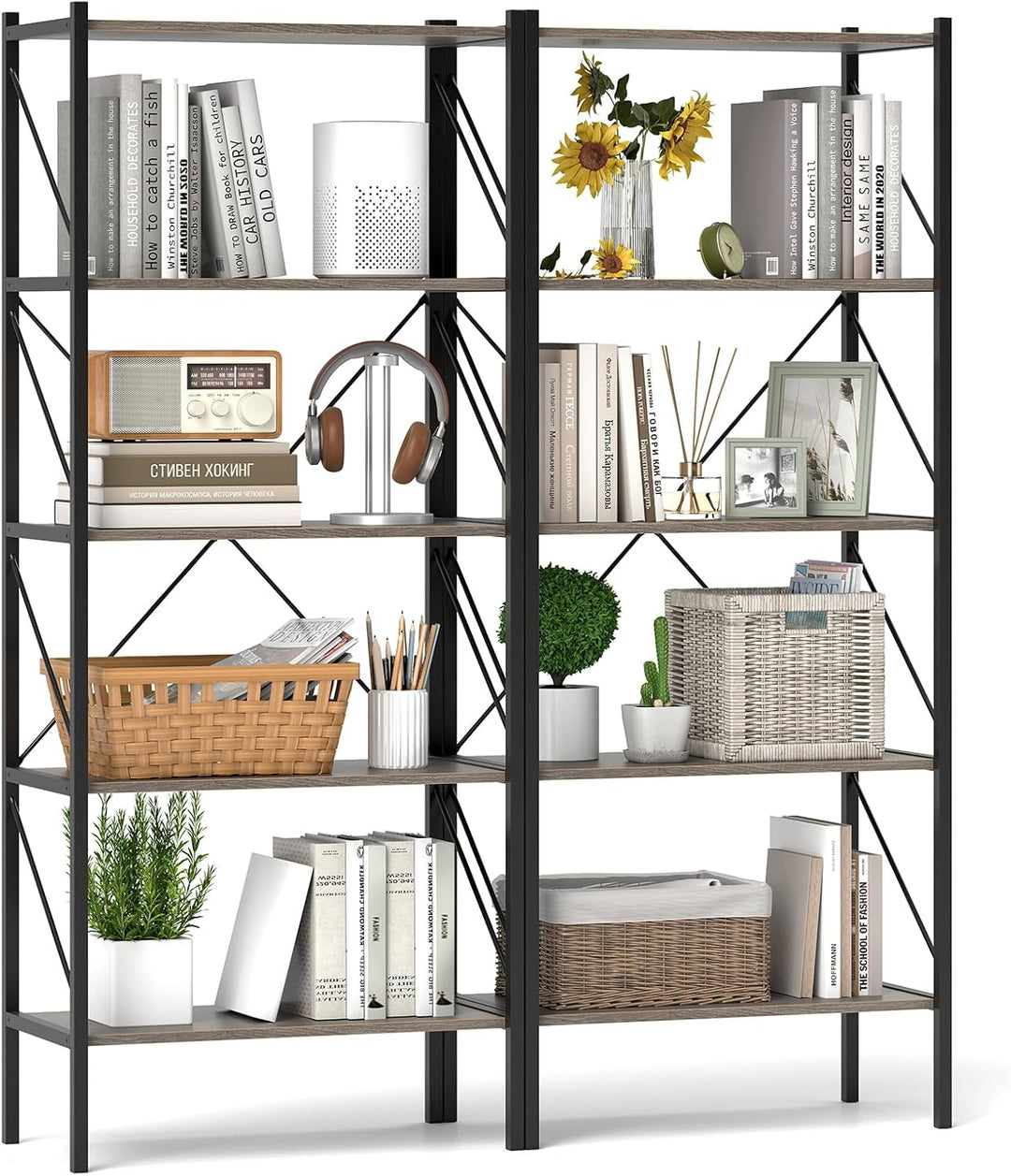 Giantex 5-Tier Bookshelf, Industrial Tall Bookcase with Open Storage Shelves & Heavy Duty Metal Frame