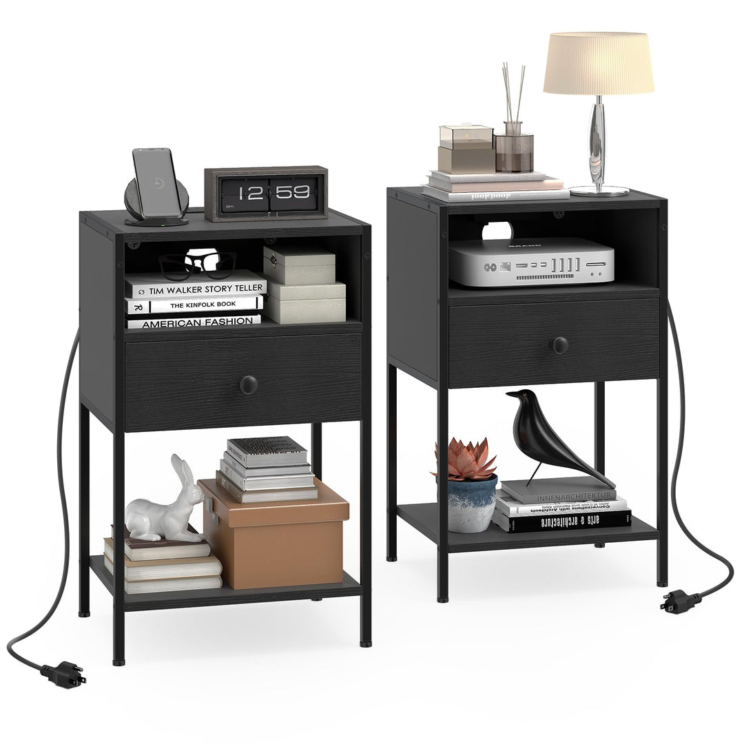 Giantex Night Stand with Charging Station for Bedroom Small Spaces