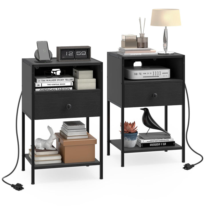 Giantex Night Stand with Charging Station for Bedroom Small Spaces