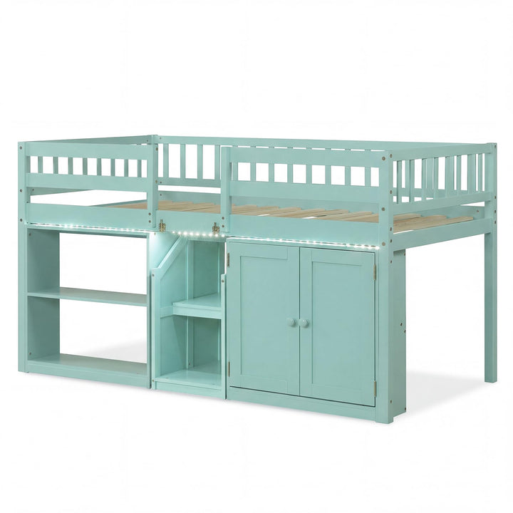 Giantex Low Loft Bed Twin Size with LED Lights, Wooden Bed Frame