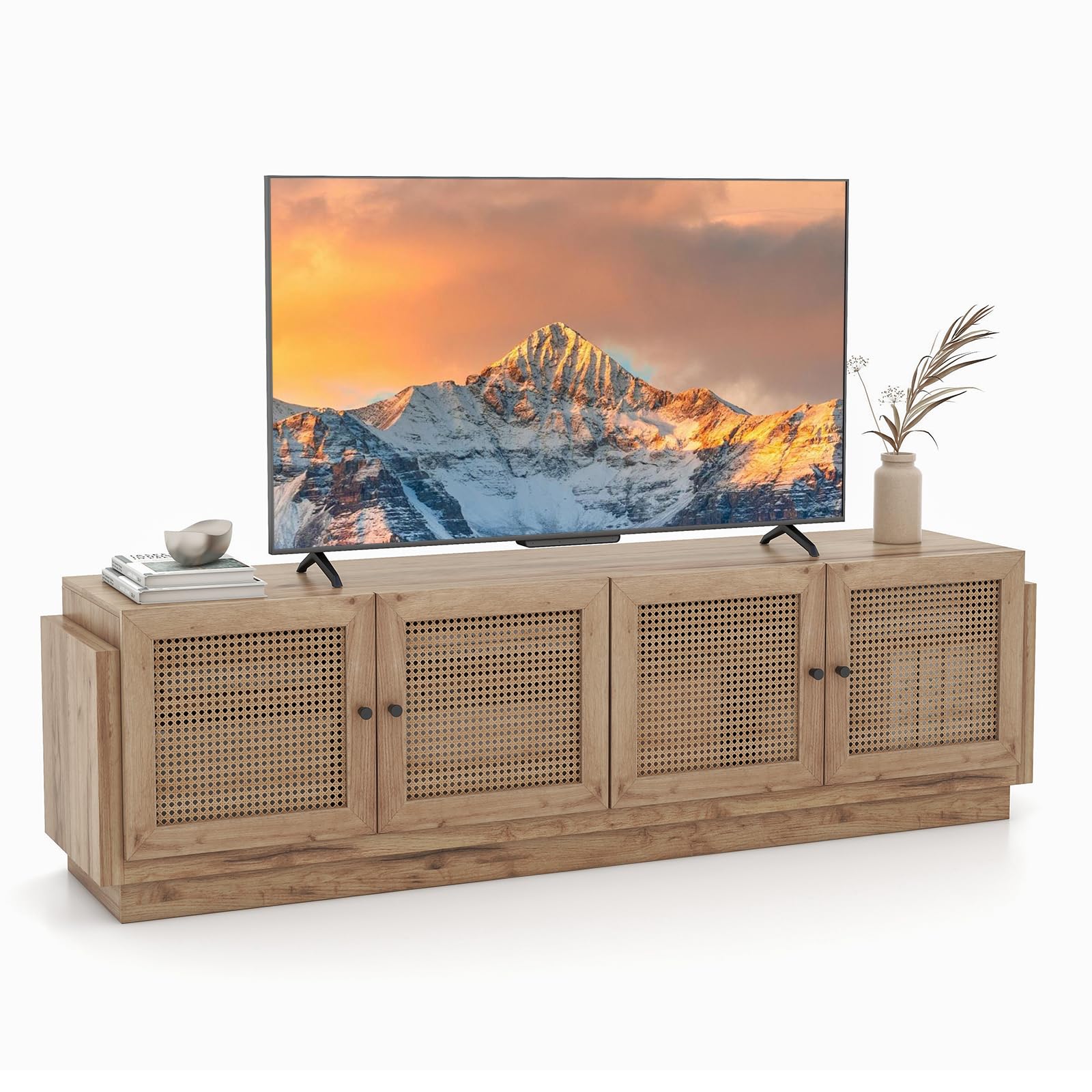 Giantex Farmhouse TV Stand for TVs up to 75”, 4-Door PE Rattan Entertainment Center