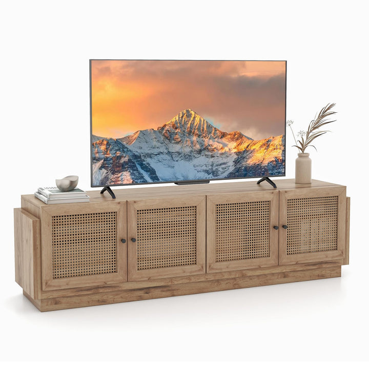 Giantex Farmhouse TV Stand for TVs up to 75”, 4-Door PE Rattan Entertainment Center