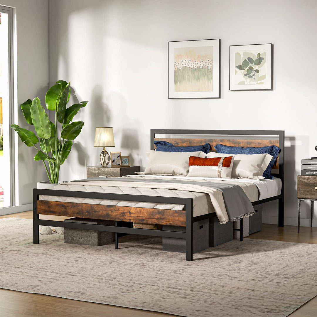 Giantex Queen Metal Platform Bed Frame with Wooden Headboard & Footboard, Rustic Brown