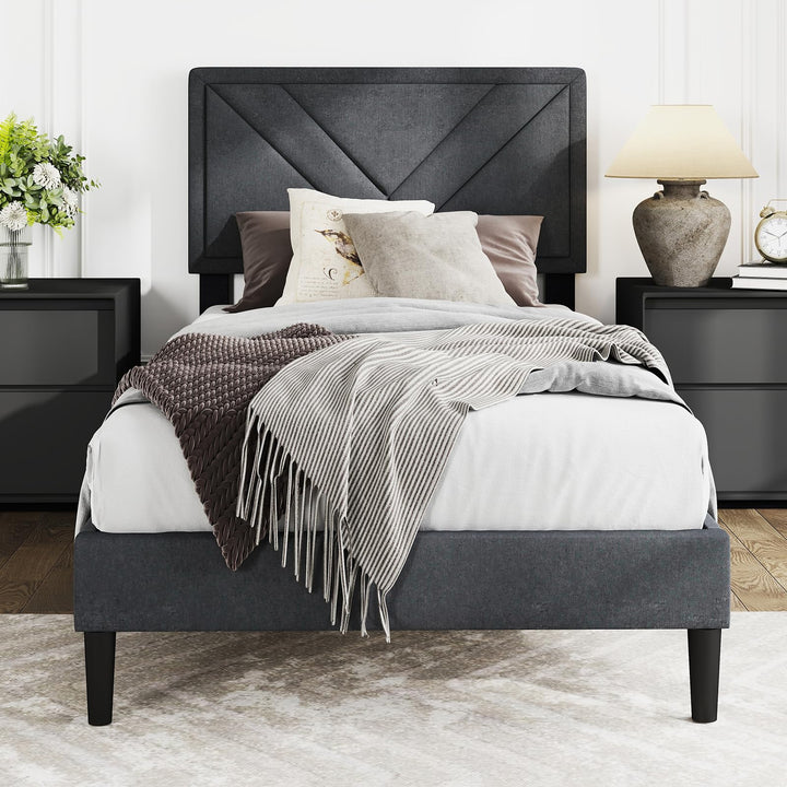 Upholstered Platform Bed Frame with Diagonal Channel Tufted Headboard
