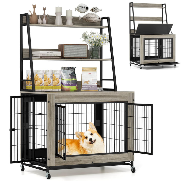 Giantex 38" Dog Crate Furniture with Storage Shelves