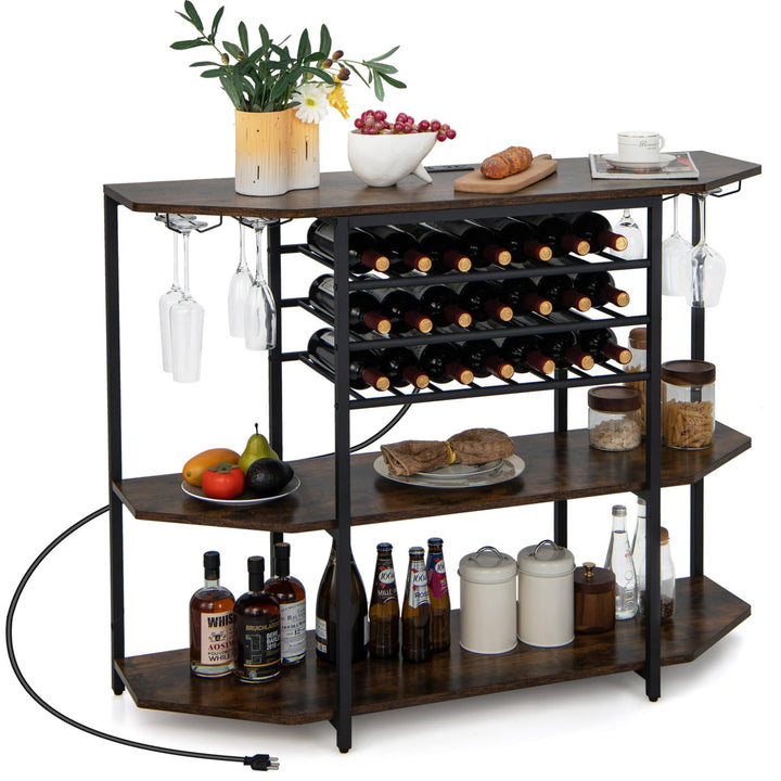 Giantex Wine Bar Cabinet with Power Outlet, Mini Coffee Bar Stand Table with 21 Bottle Wine Rack & Glass Holders