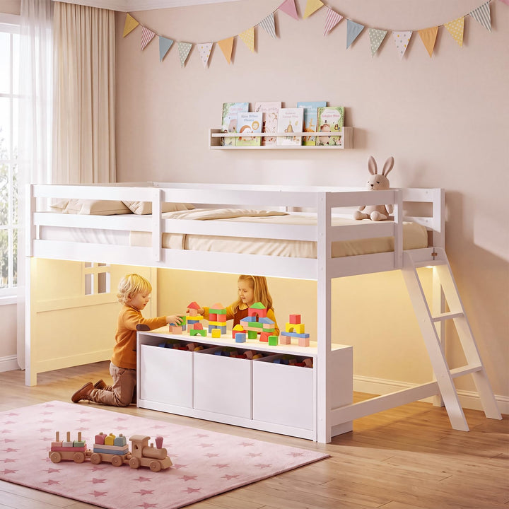 Giantex Kids Low Loft Bed Twin Size with LED Lights