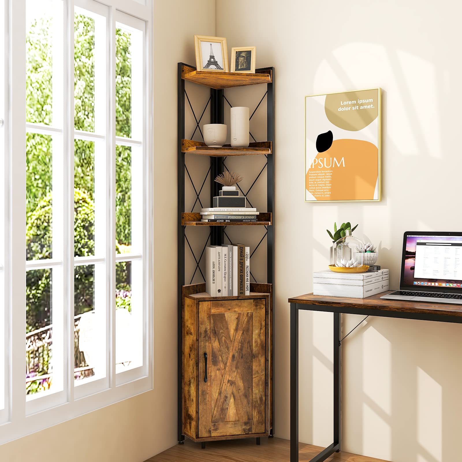 Giantex 4-Tier Corner Shelf with Cabinet - 71" Tall Free Standing Storage Shelves Rack Plant Stand