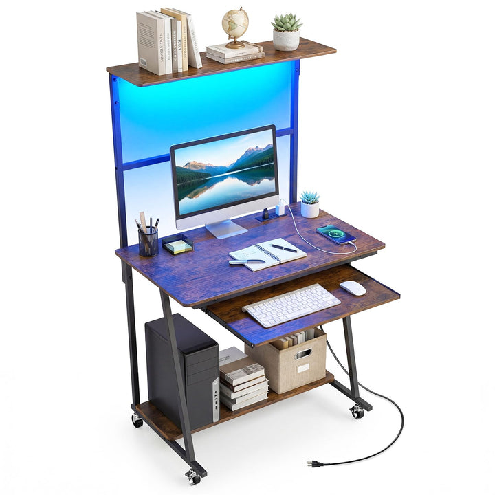 Giantex 31.5" Small Computer Desk with Charging Station &amp; LED Lights