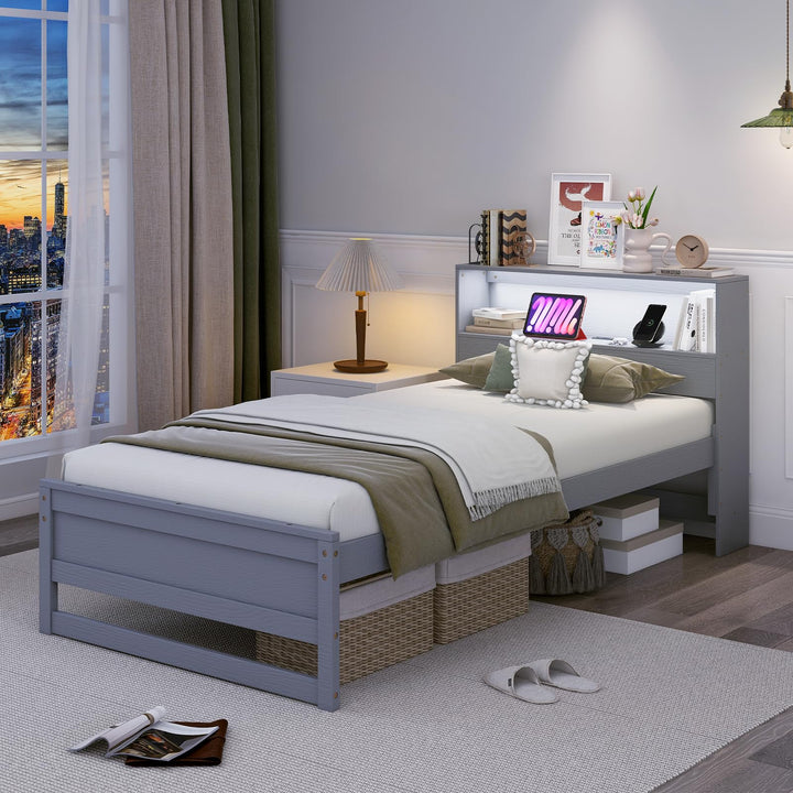 Giantex Twin Bed Frames with Storage Headboard, Wood Platform Bed with Charging Station & LED Light