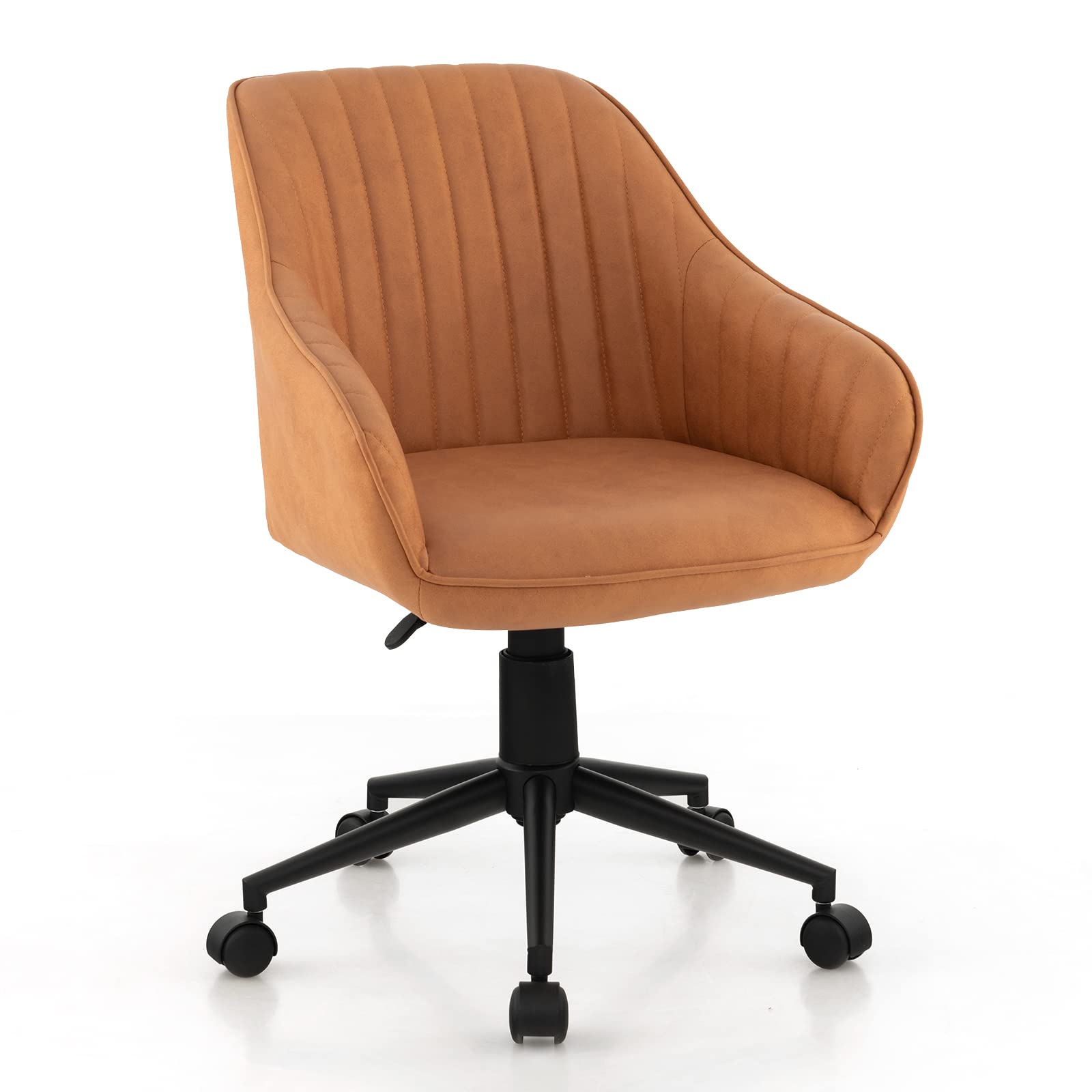 Giantex Leather Office Chair Brown, Mid Century Desk Chair with Wheels and Ergonomic Armrests