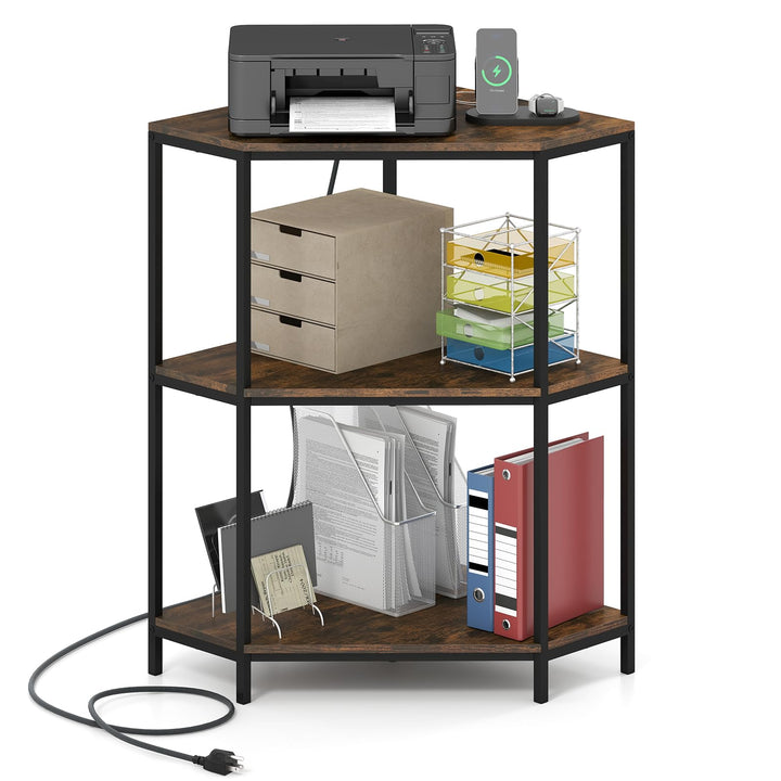 Giantex Corner Printer Stand 3-Tier Corner Shelf with Charging Station and Metal Frame
