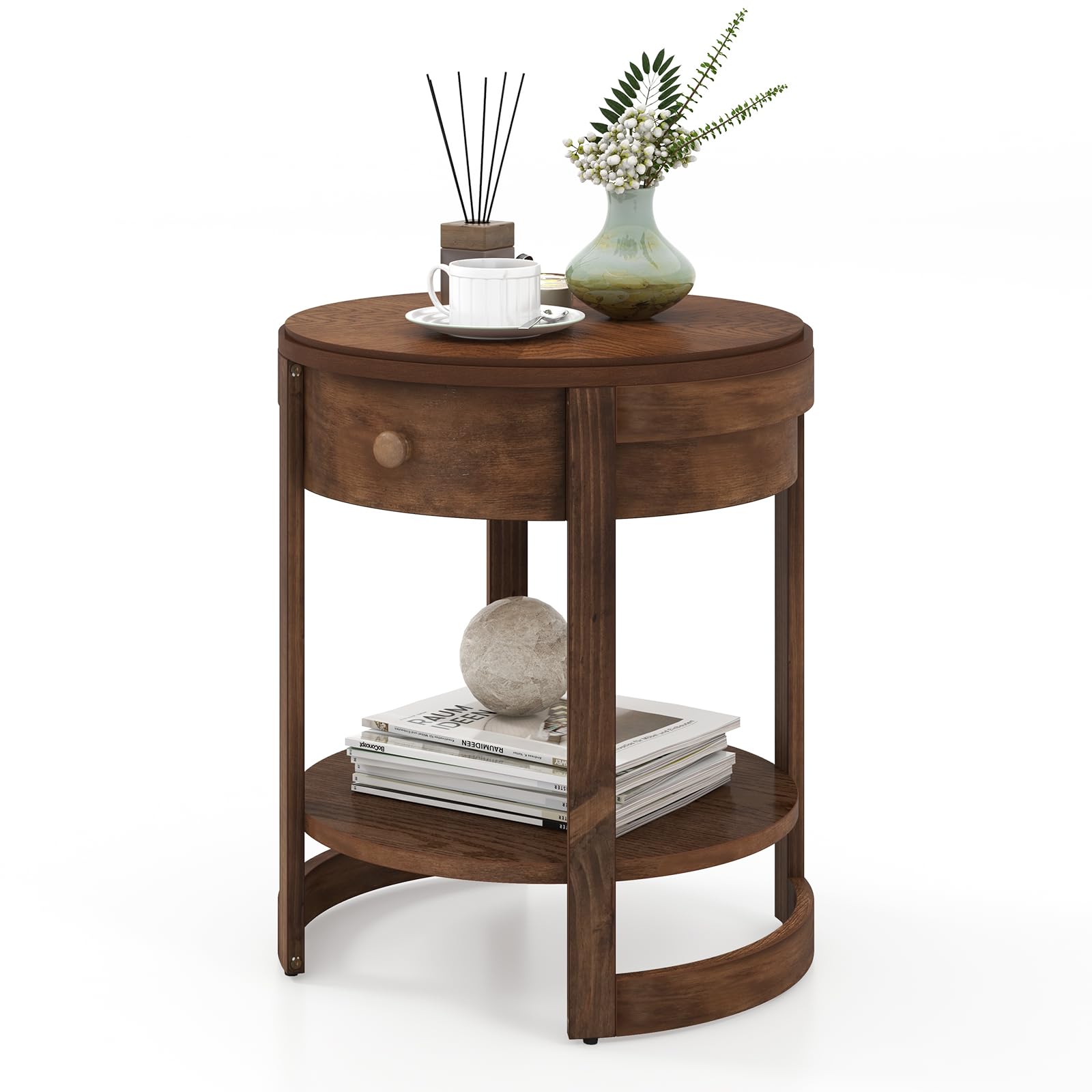 Giantex Round Side Tables Set of 1/2, 2-Tier Retro End Tables with Drawer & Shelf