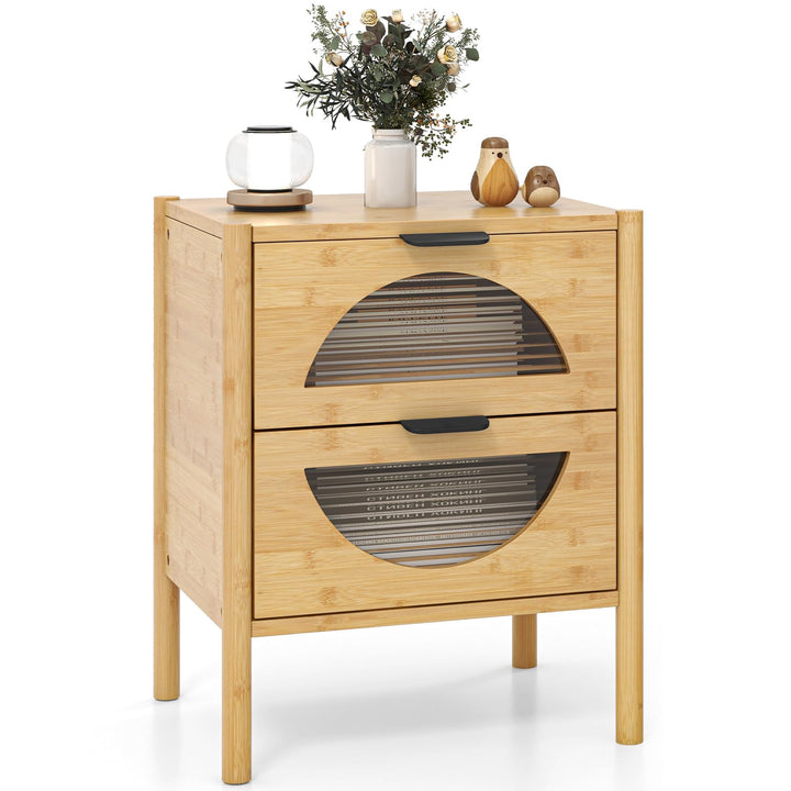 Giantex Bamboo Nightstand, Mid-Century Modern Bedside Table with 2 Storage Drawers & Tempered Glass