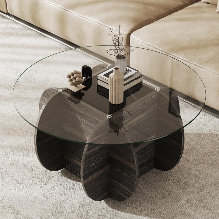 Giantex 35" Glass Round Coffee Table with Storage Tempered Glass Top & Solid Wood Base