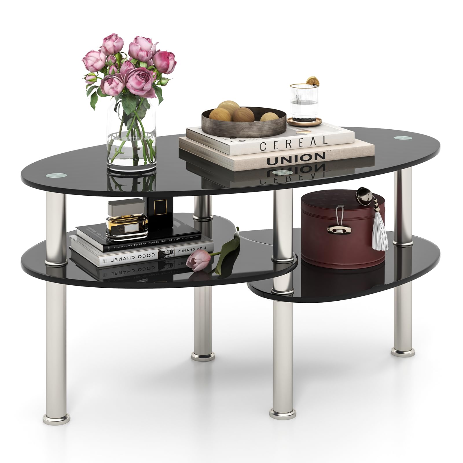 Giantex Oval Glass Coffee Table - 3-Tier Transparent Tempered Glass Center Table with Metal Stand, 35"× 20" ×18"